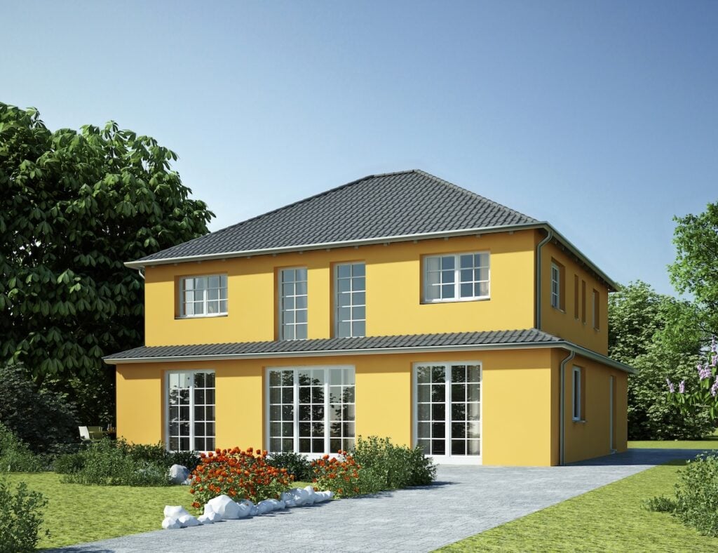 bright yellow house with hip roof