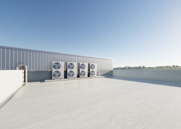 3d rendering of condenser unit or compressor on rooftop of industrial plant, factory. Unit of ac or air conditioner, hvac or heating ventilation and air conditioning system. Motor, pump and fan inside