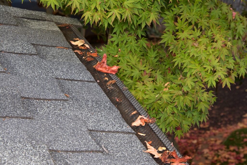 Mesh guards over troughs to prevent leaves and large debris from getting into gutters. 