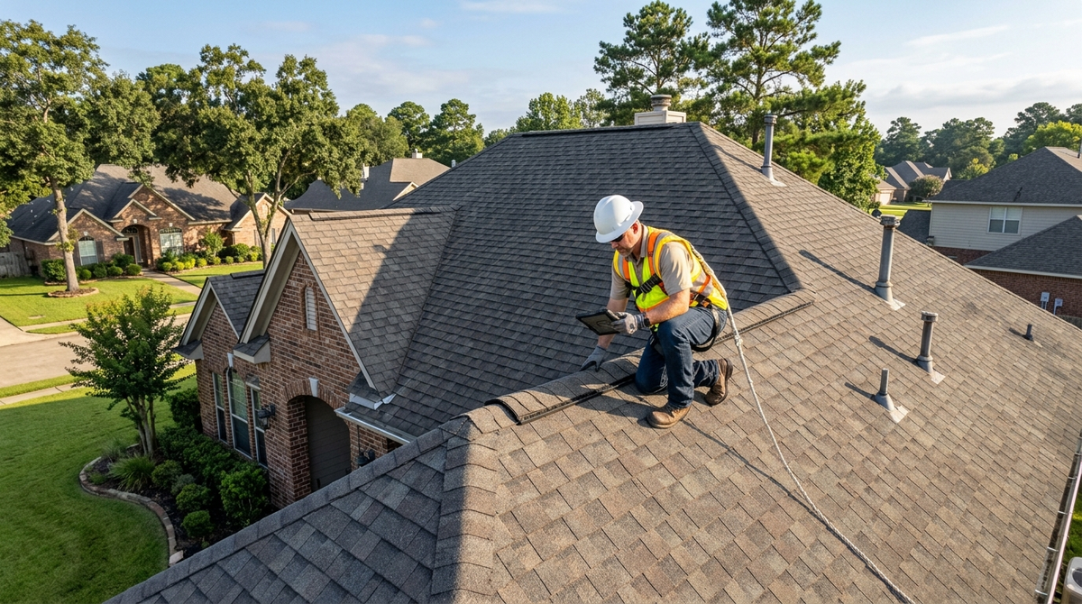 Roof inspector using tablet to evaluate shingles before roof repairs on residential home