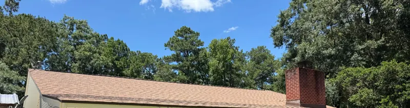 Tan shingle roof and brick chimney above the pale-yellow siding of a home